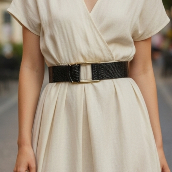 MICHAEL KORS Black Croc-Embossed Leather Wide Waist Belt Gold Buckle.S/M main image 10